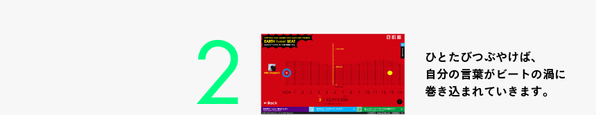 How to enjoy - 『EARTH tweet BEAT』の楽しみ方:2 ひとたびつぶやけば、自分の言葉がビートの渦に巻き込まれていきます。